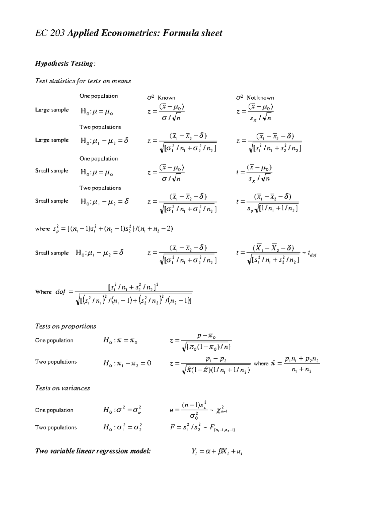 EC203 Applied Econometrics: Hypothesis Testing Formula Sheet - Studocu