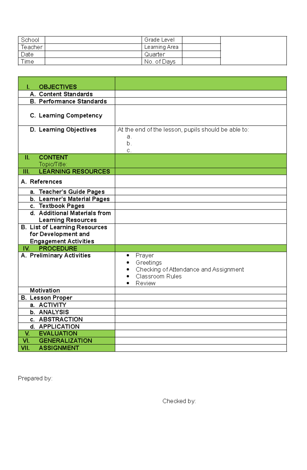 4As Lesson Plan Format: Semi-Detailed Template for Teachers - Studocu