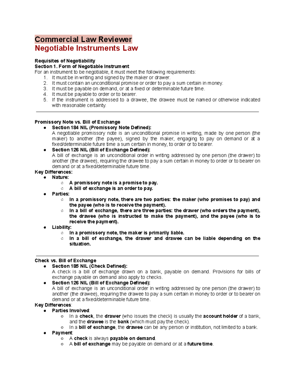 Comlaw 101: Comprehensive Review of Negotiable Instruments Law - Studocu