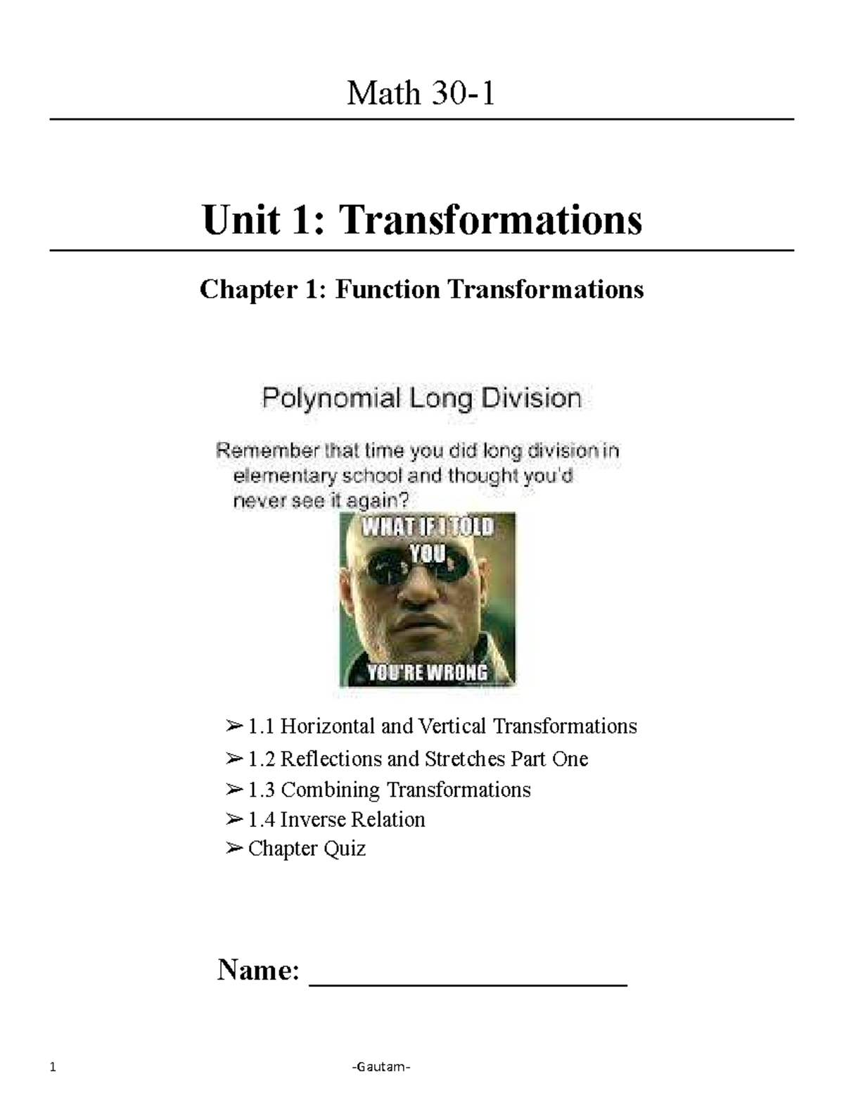 Math 1: Transformations - Function Transformations & Reflections - Studocu