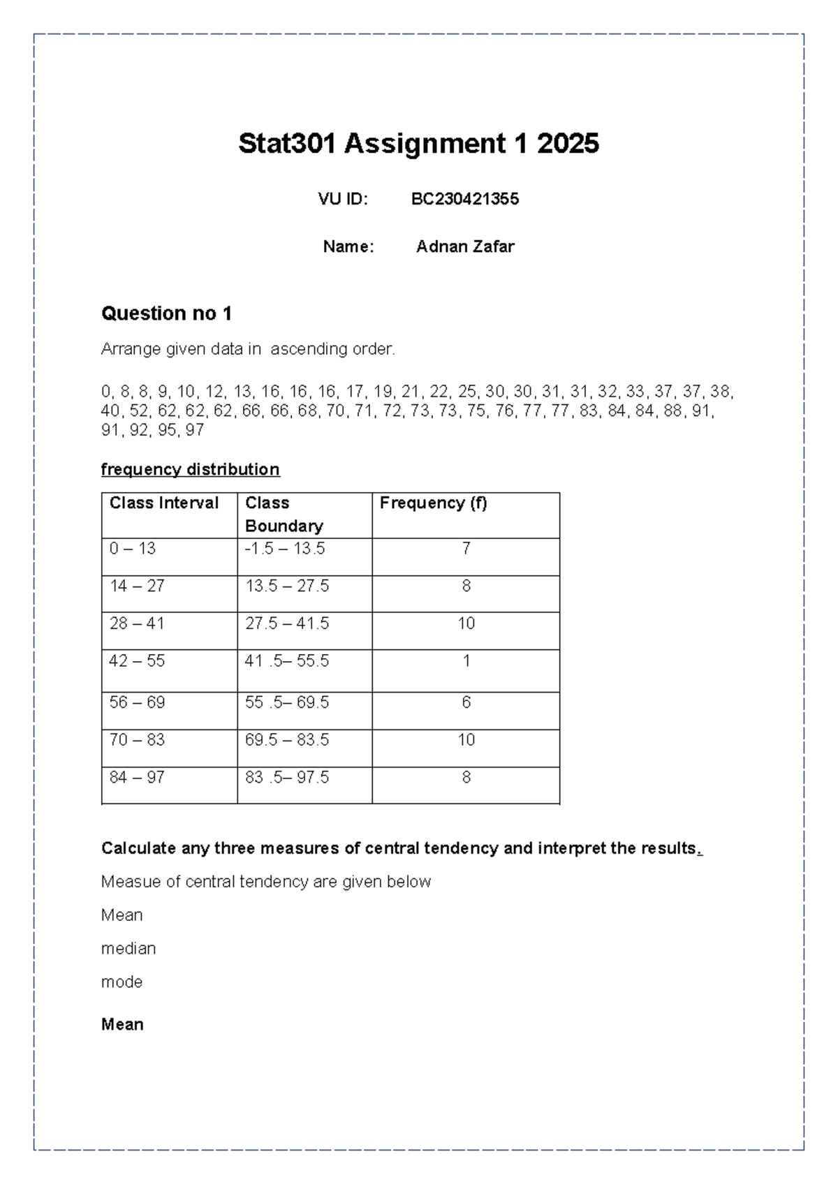 Stat301 Assignment 1: Data Analysis & Central Tendency Measures 2025 ...