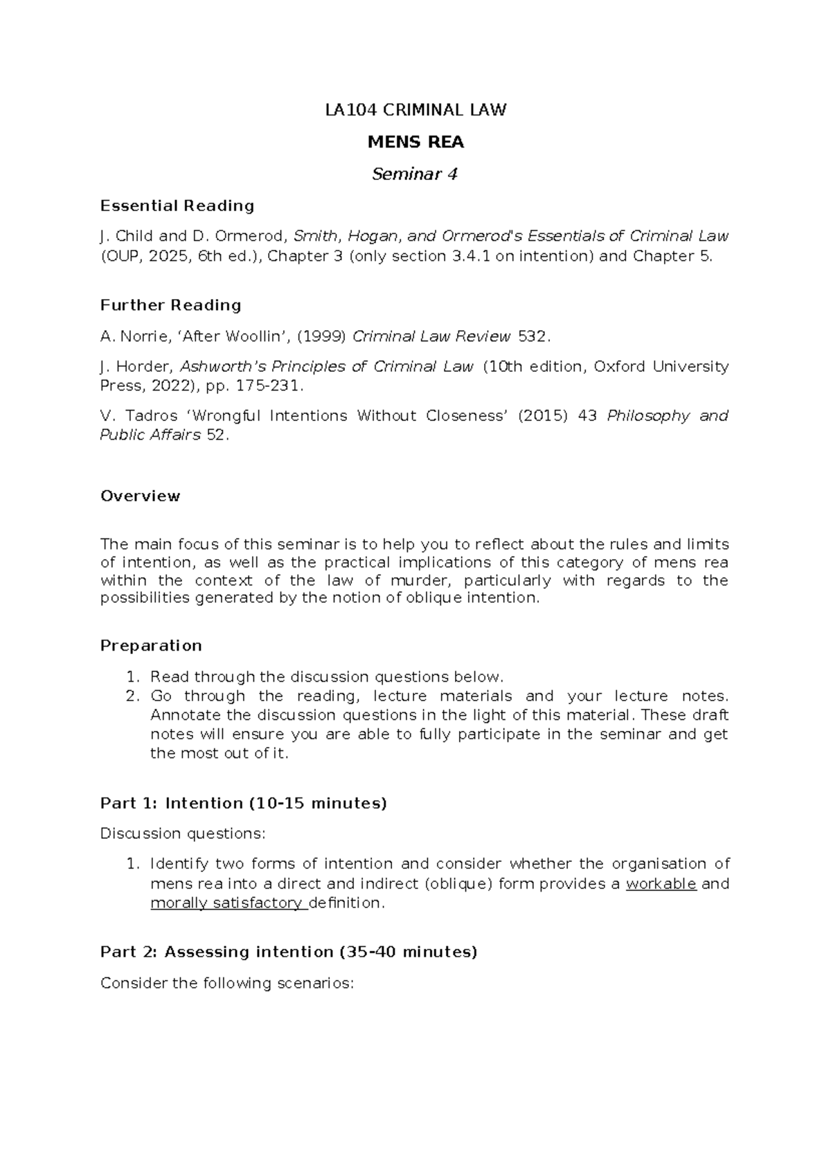 LA104 CRIMINAL LAW MENS REA Seminar 4: Intention and Its Implications ...