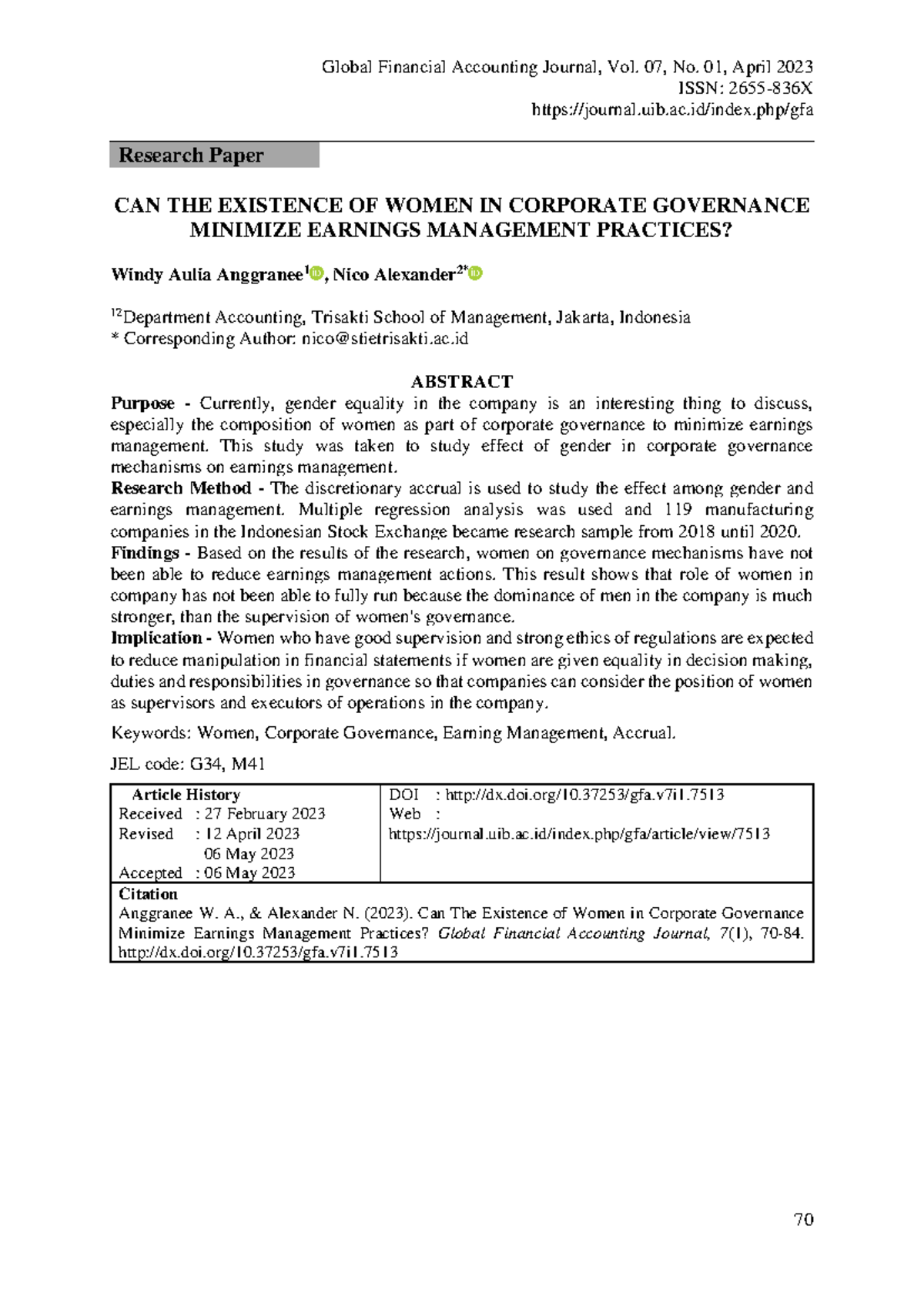 Global Financial Accounting Journal, Vol. 07, No. 01, April 2023: Women ...