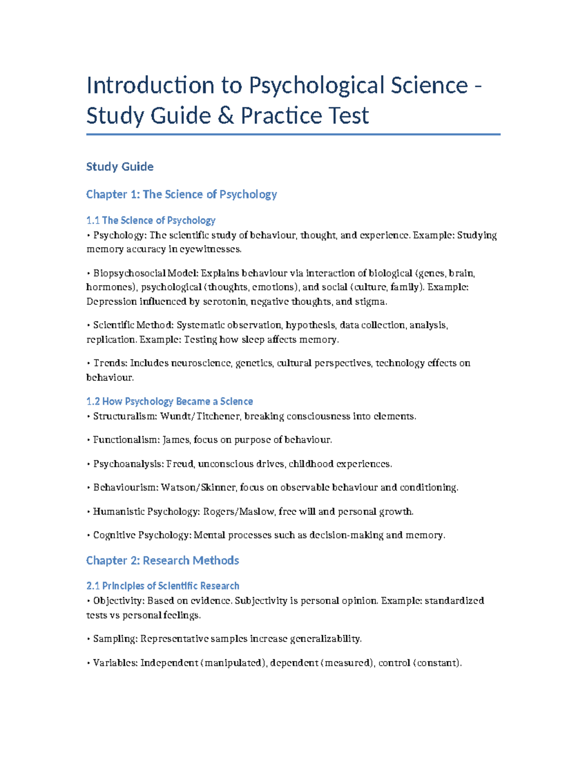 Psychology 101 Study Guide: Chapter 1-3 Overview & Practice Test - Studocu