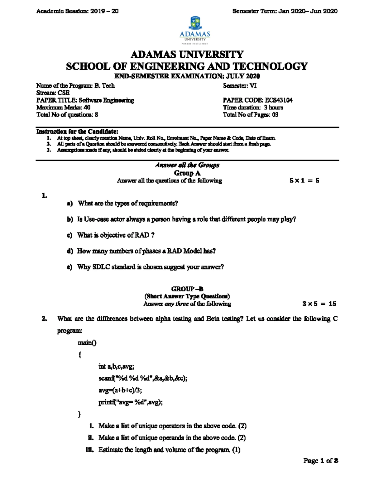Software Engineering - These are PYQs of the named subject - ADAMAS ...