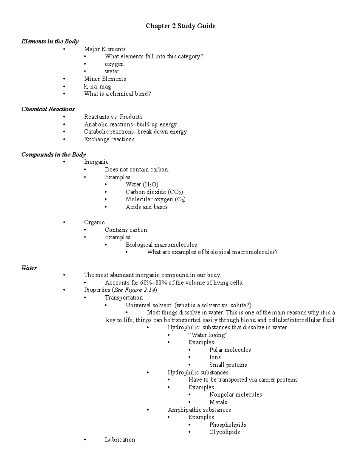Chapter 2 Study Guide - Elements, Compounds & Biological Macromolecules ...