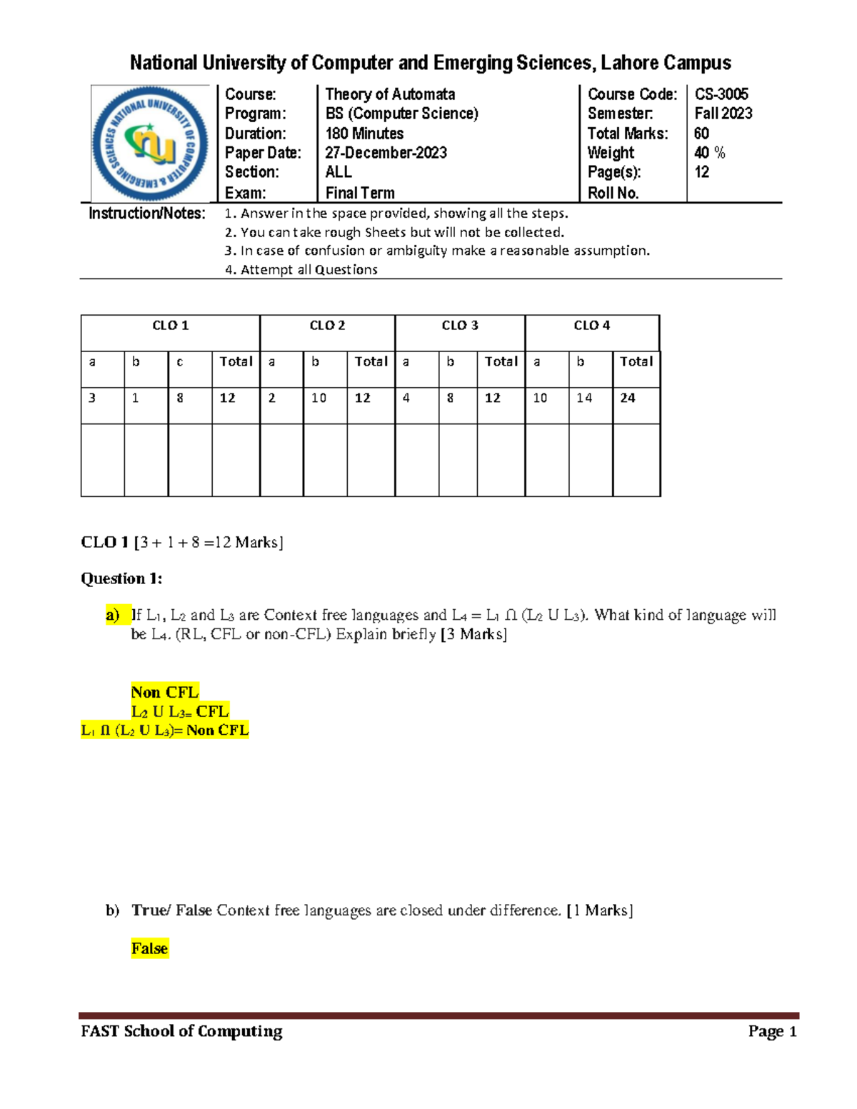 Final Exam Solutions for CS-3005: Theory of Automata - Fall 2023 - Studocu
