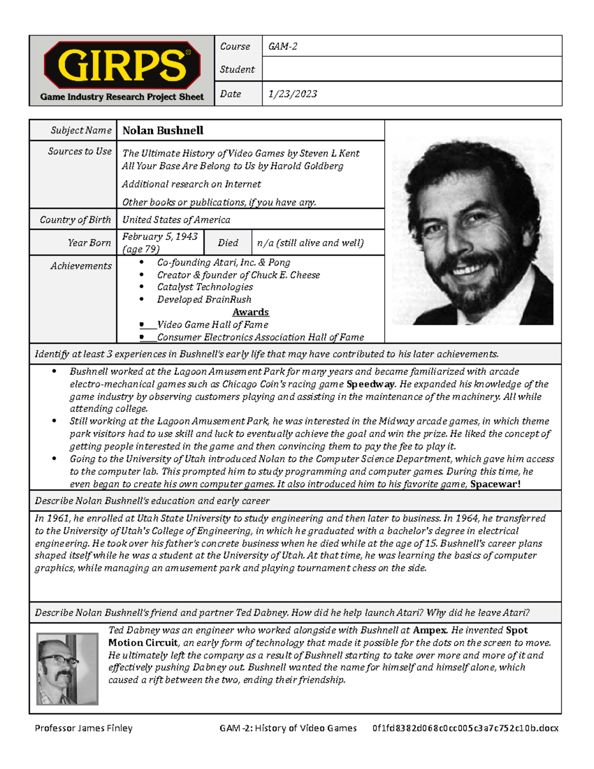 GAM 2 1 Girps Nolan Bushnell - Course GAM- Student Date 1/23/ Subject ...