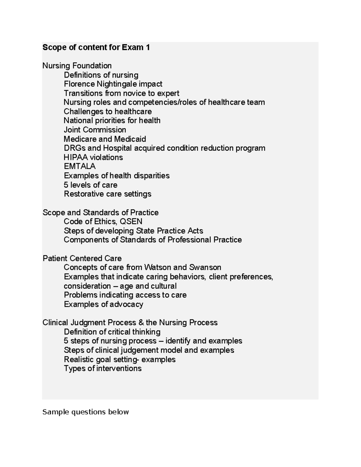 NUR 101: Exam 1 Content Overview and Key Nursing Concepts - Studocu