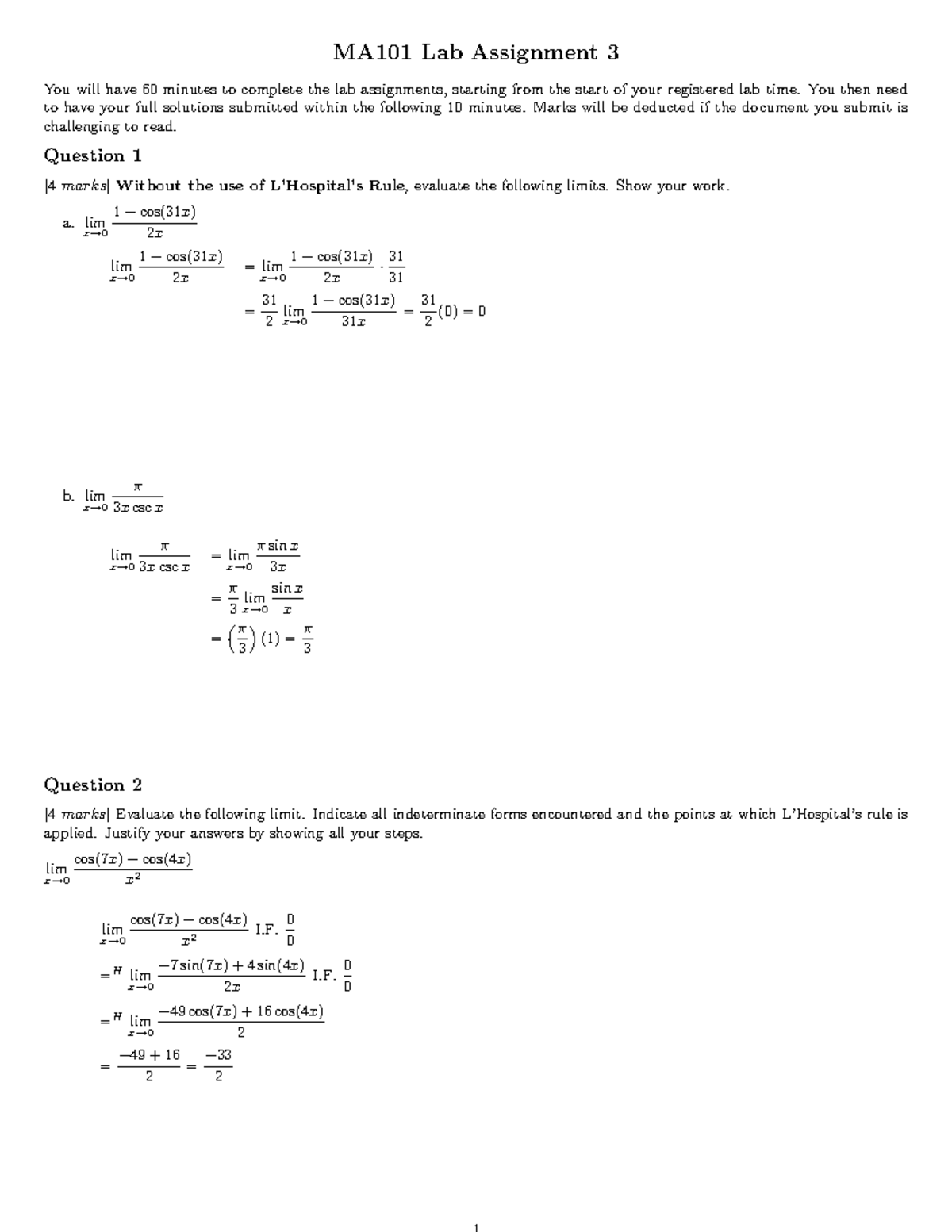 MA101 Lab 3 Solutions with Detailed Limit Evaluations and Maple Tasks ...