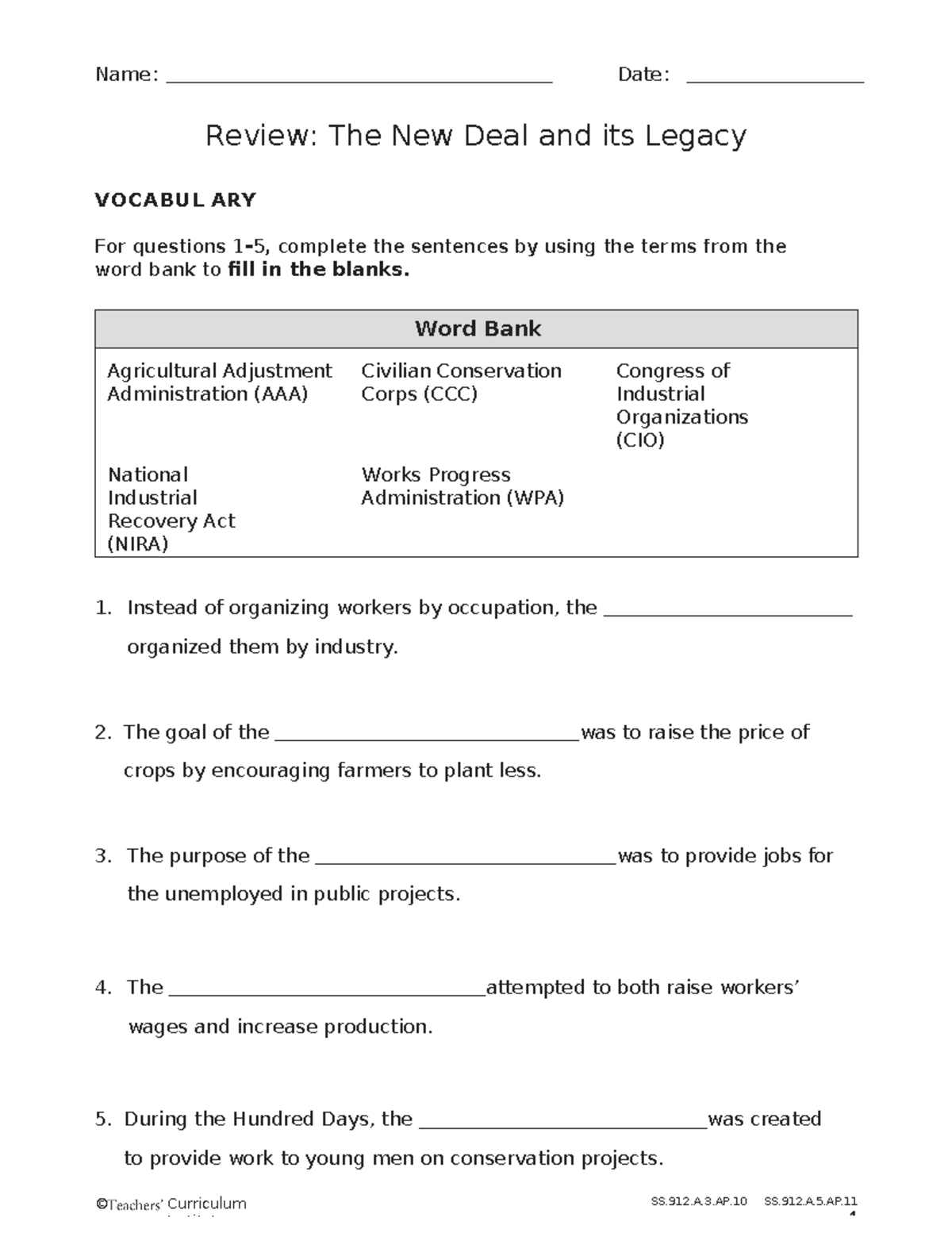 TCI Textbook Review Lesson 33 The New Deal English - © Curriculum SS ...