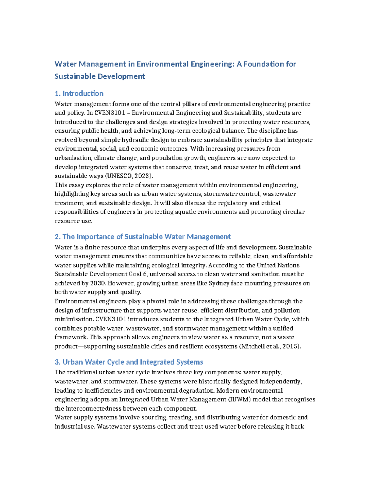 CVEN3101 Water Management Essay: Sustainable Practices in Engineering ...