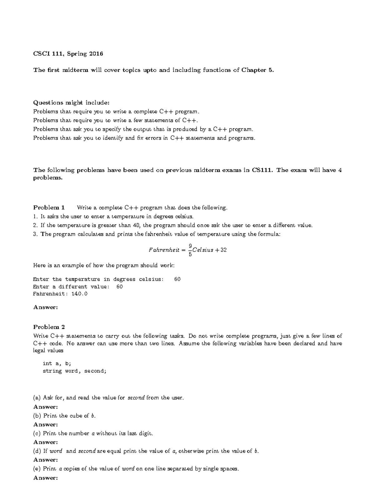 CSCI 111 Midterm Exam 1 Solutions on C++ Program Constructs - Studocu