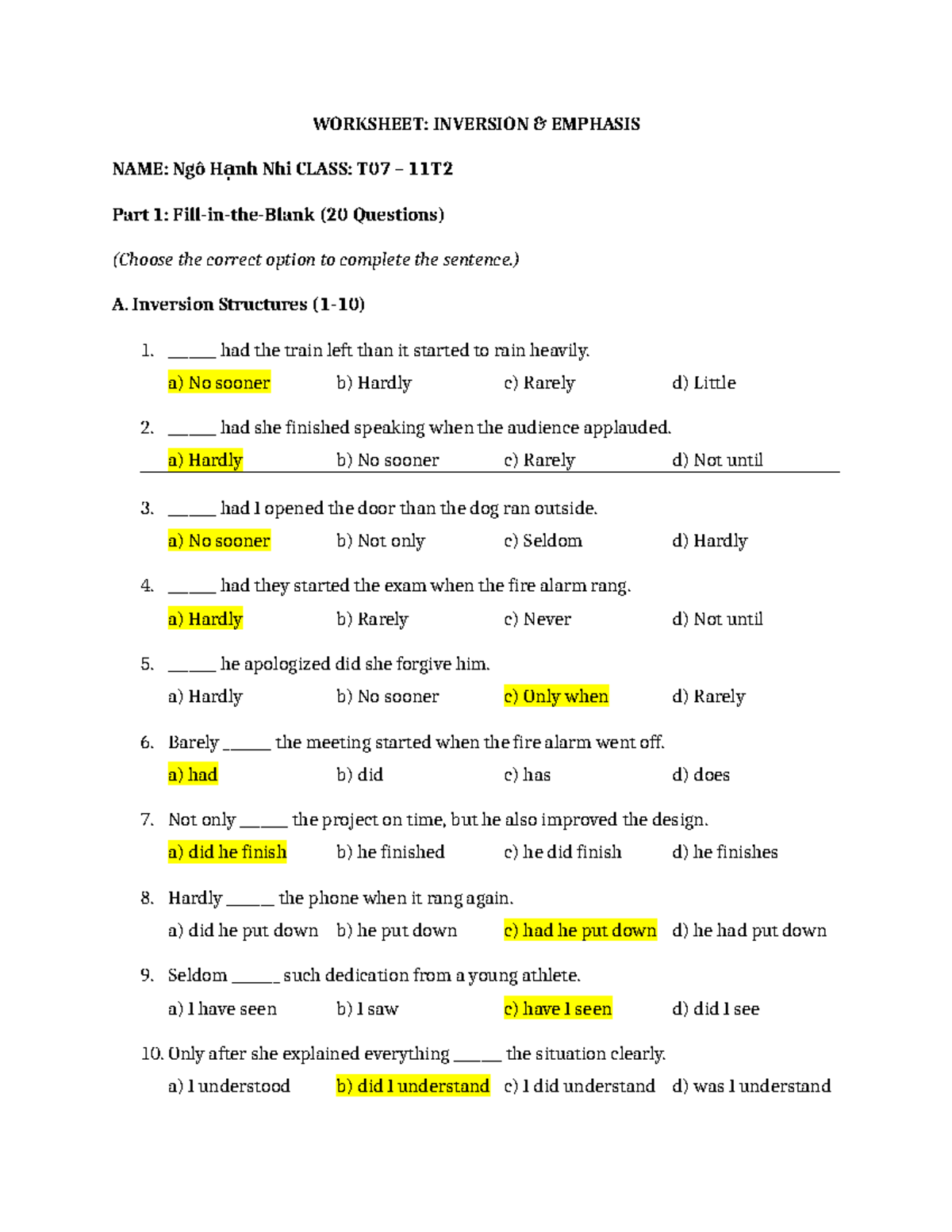 Worksheet: Inversion & Emphasis T07 11T2 - Practice Questions - Studocu