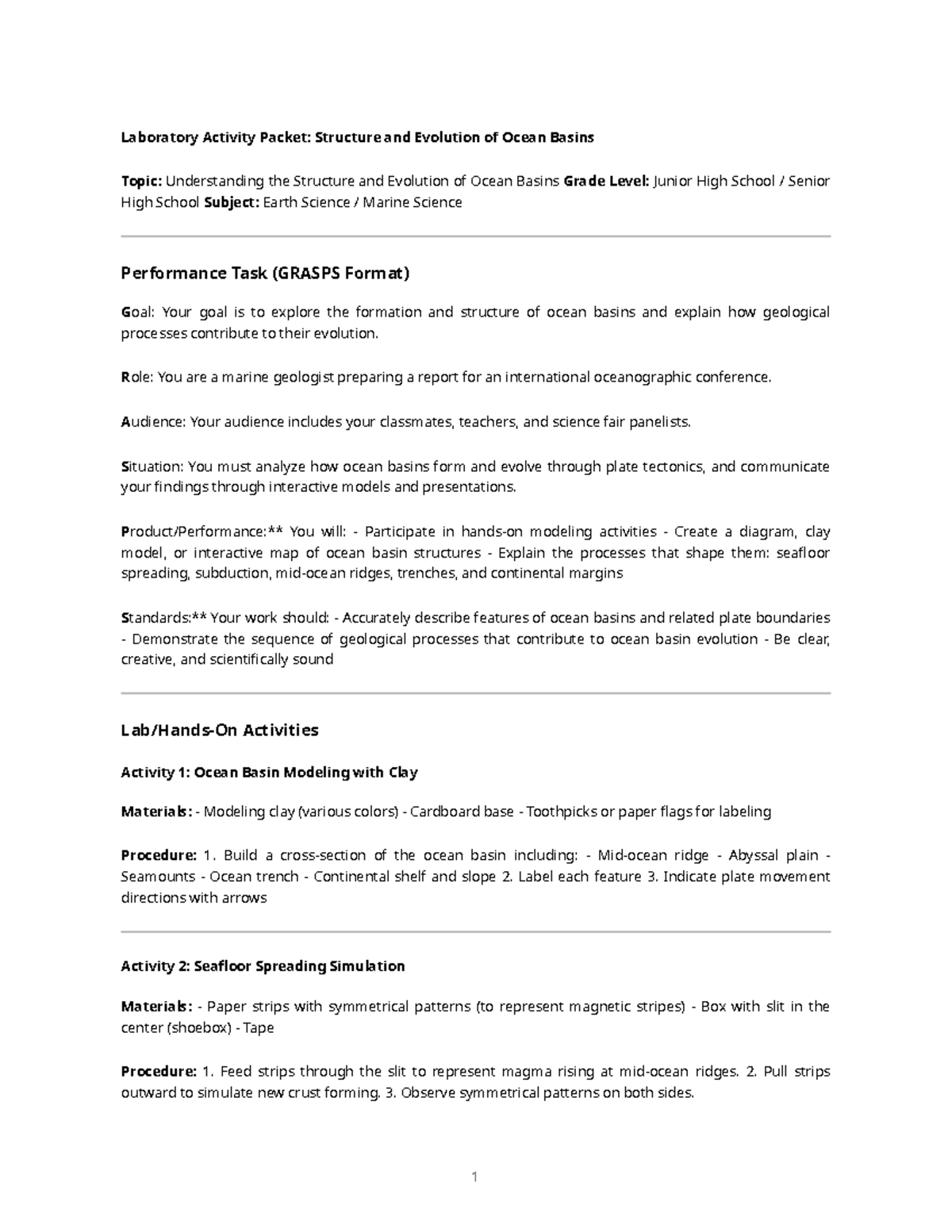 Laboratory Activity Packet: Ocean Basins Structure & Evolution (Earth ...