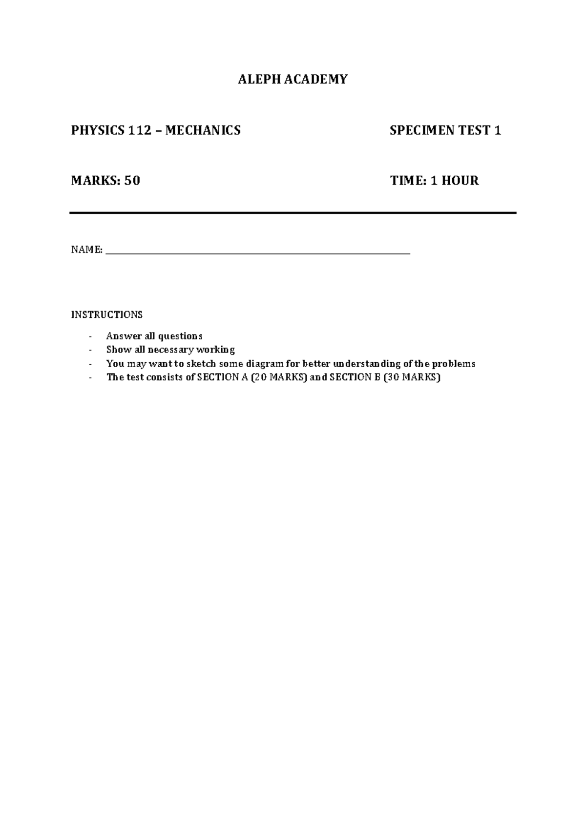 Physics 112 Test 1 Revision: Mechanics Specimen Questions - Studocu
