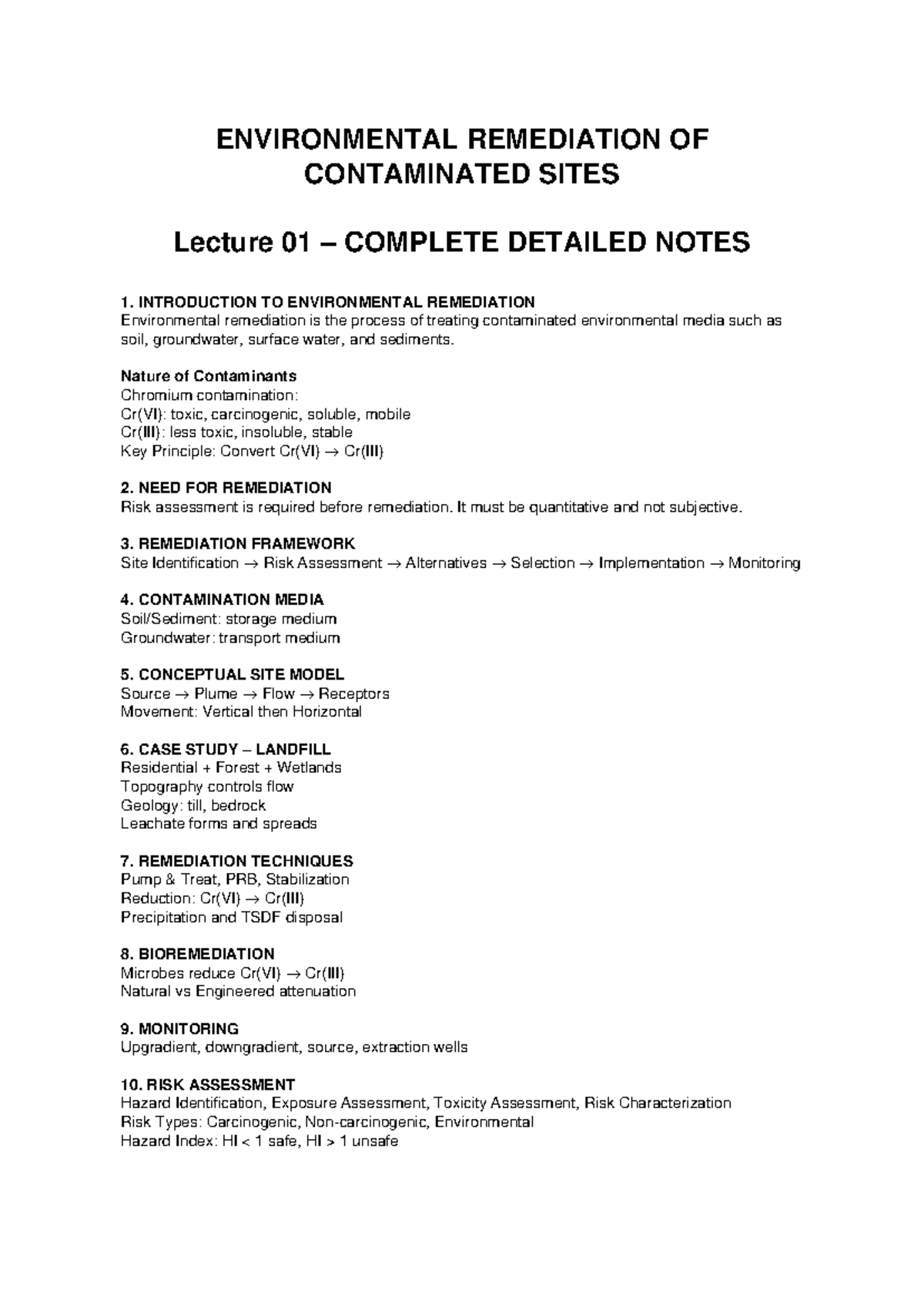ENVIRONMENTAL REMEDIATION OF CONTAMINATED SITES Lecture 01 DETAILED ...