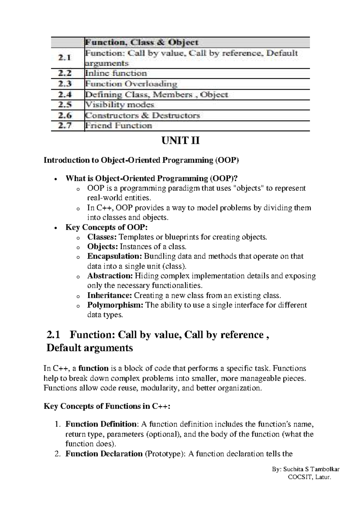 Unit II C++: OOP Concepts and Functionality Notes (COCSIT) - Studocu