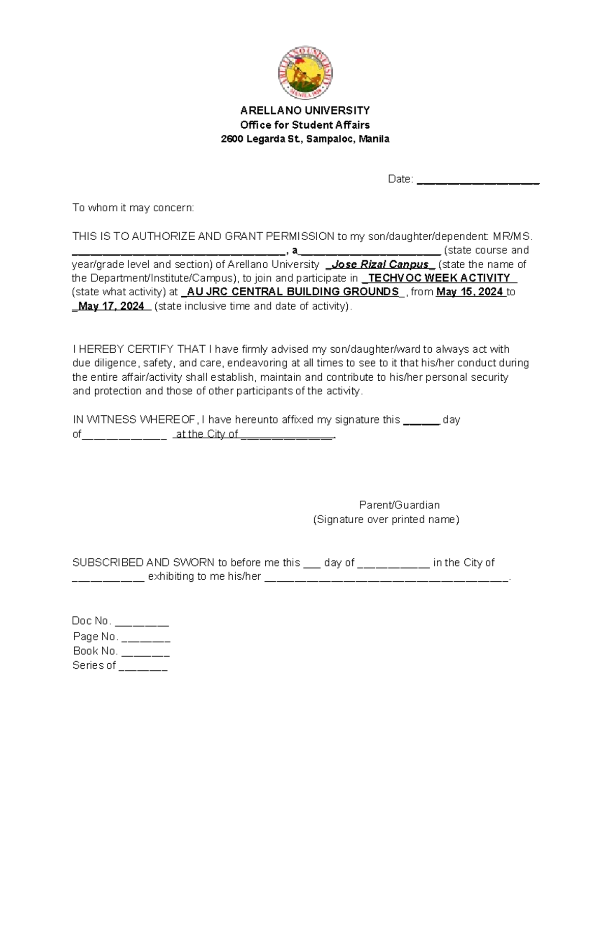 Techvoc WEEK Activity Waiver 1 - Arellano University - Studocu