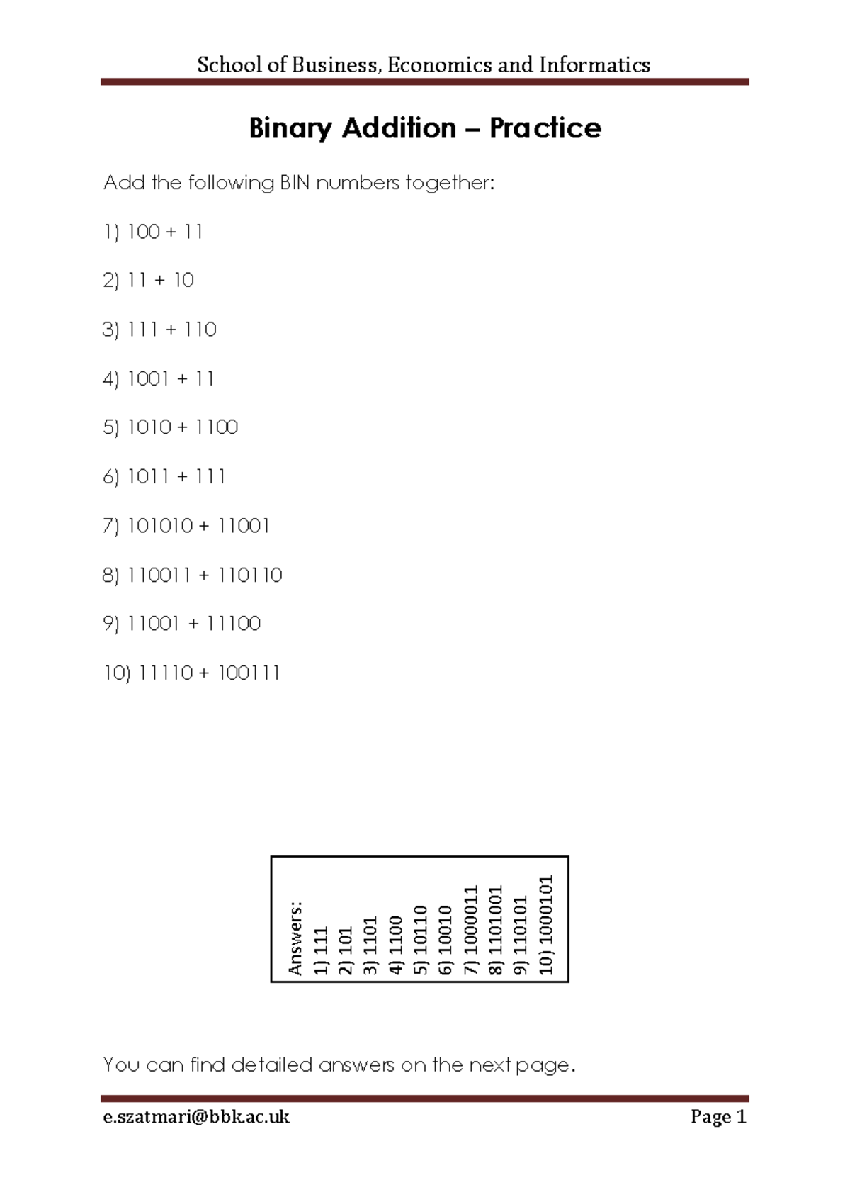 Binary Addition Practice - School of Business, Economics and ...