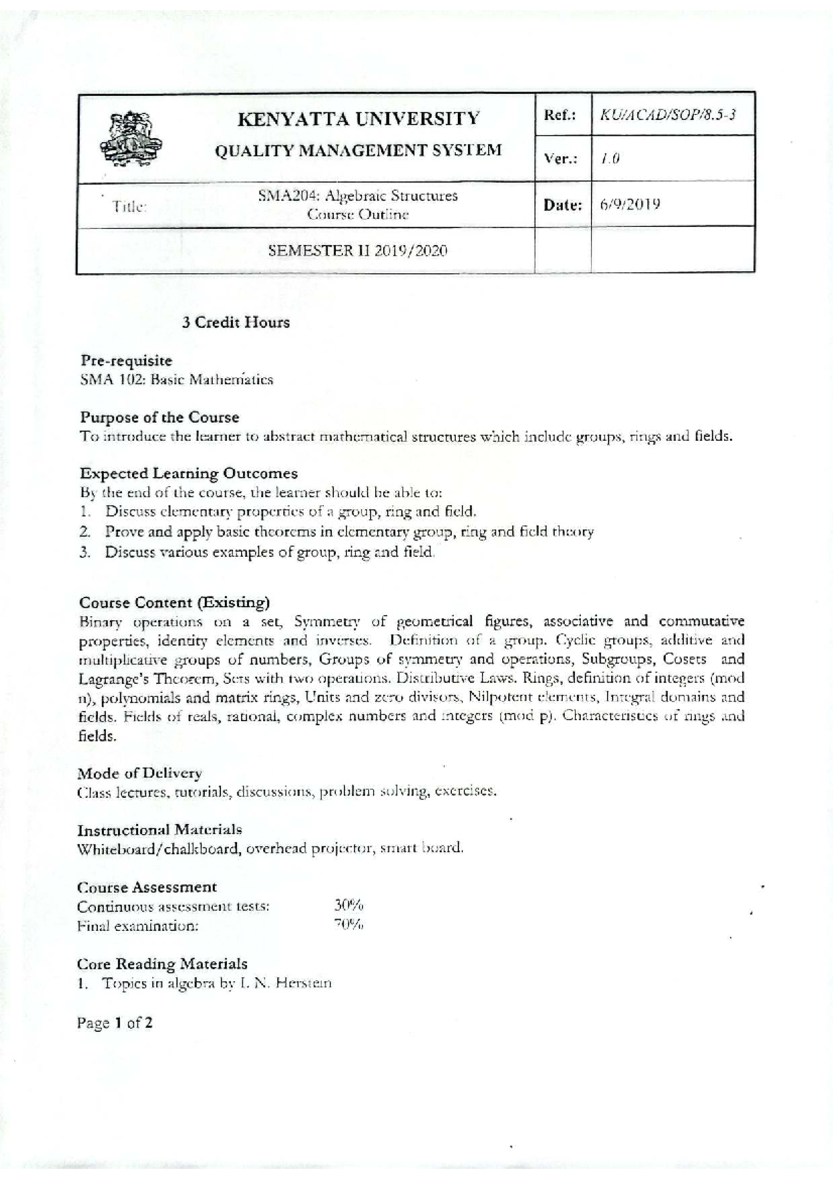 SMAZ204 Course Outline: Algebraic Structures Overview - Studocu