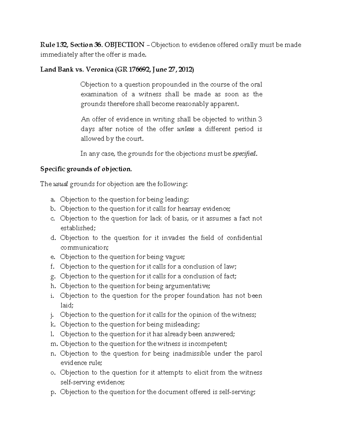 Evidence Commonly Used Objections - Rule 132, Sec 36 Overview - Studocu