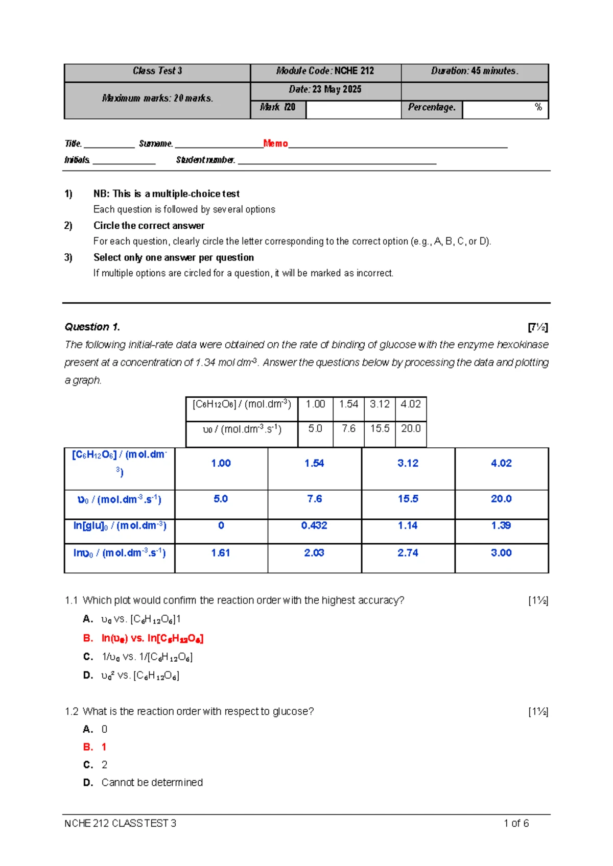 NCHE 212 Klastoets 1 / Class Test 1 Memo and Solutions - Studocu