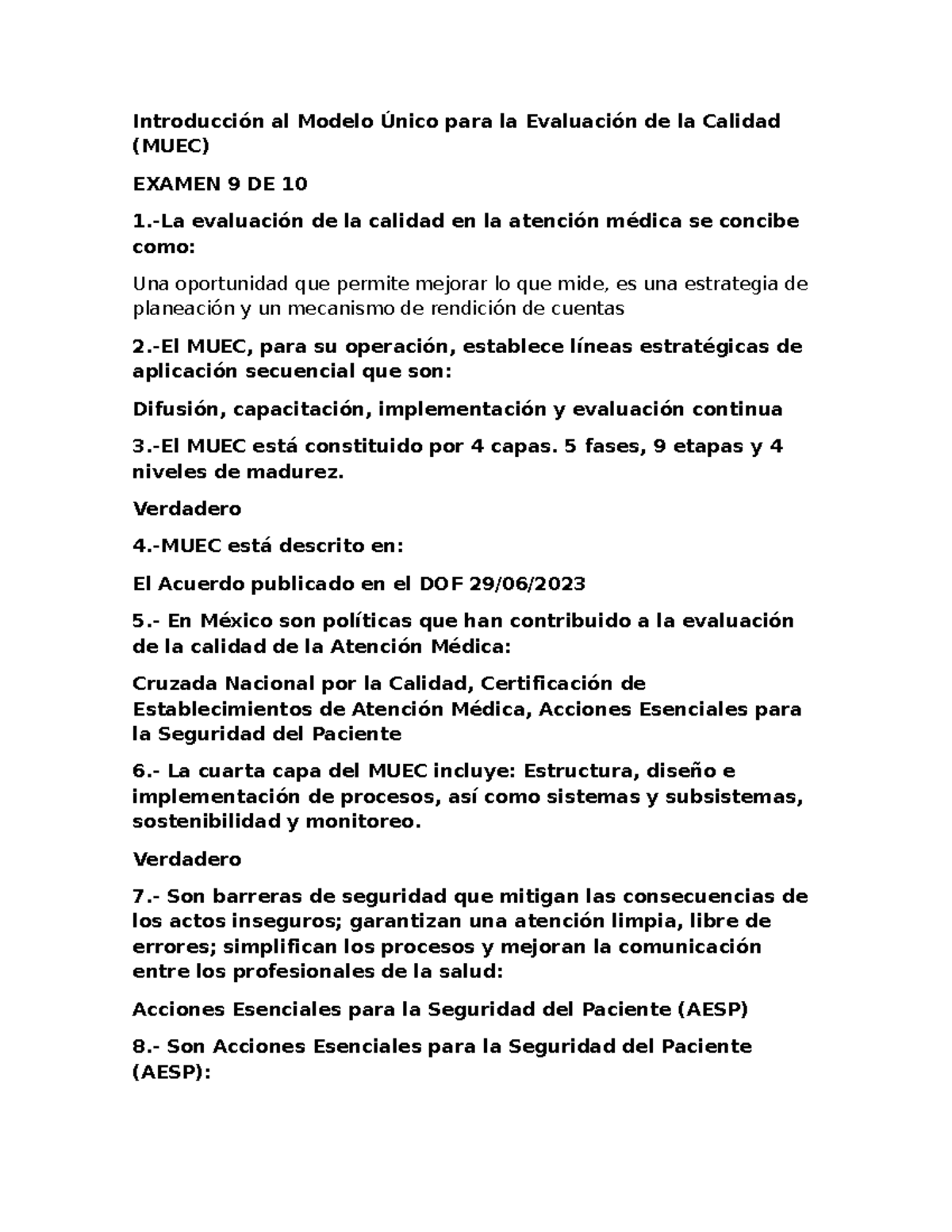 Evaluación de Calidad en Atención Médica: MUEC (Examen 9/10) - Studocu