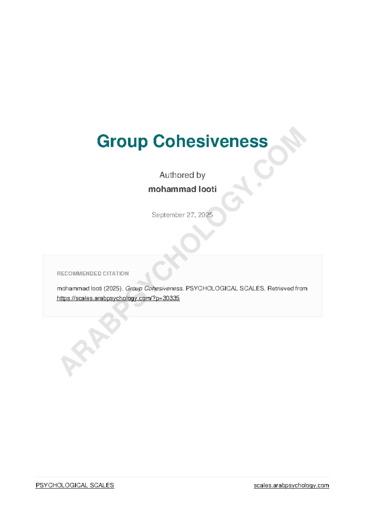 Group Cohesiveness: Insights and Implications for PSYCHOLOGICAL SCALES ...