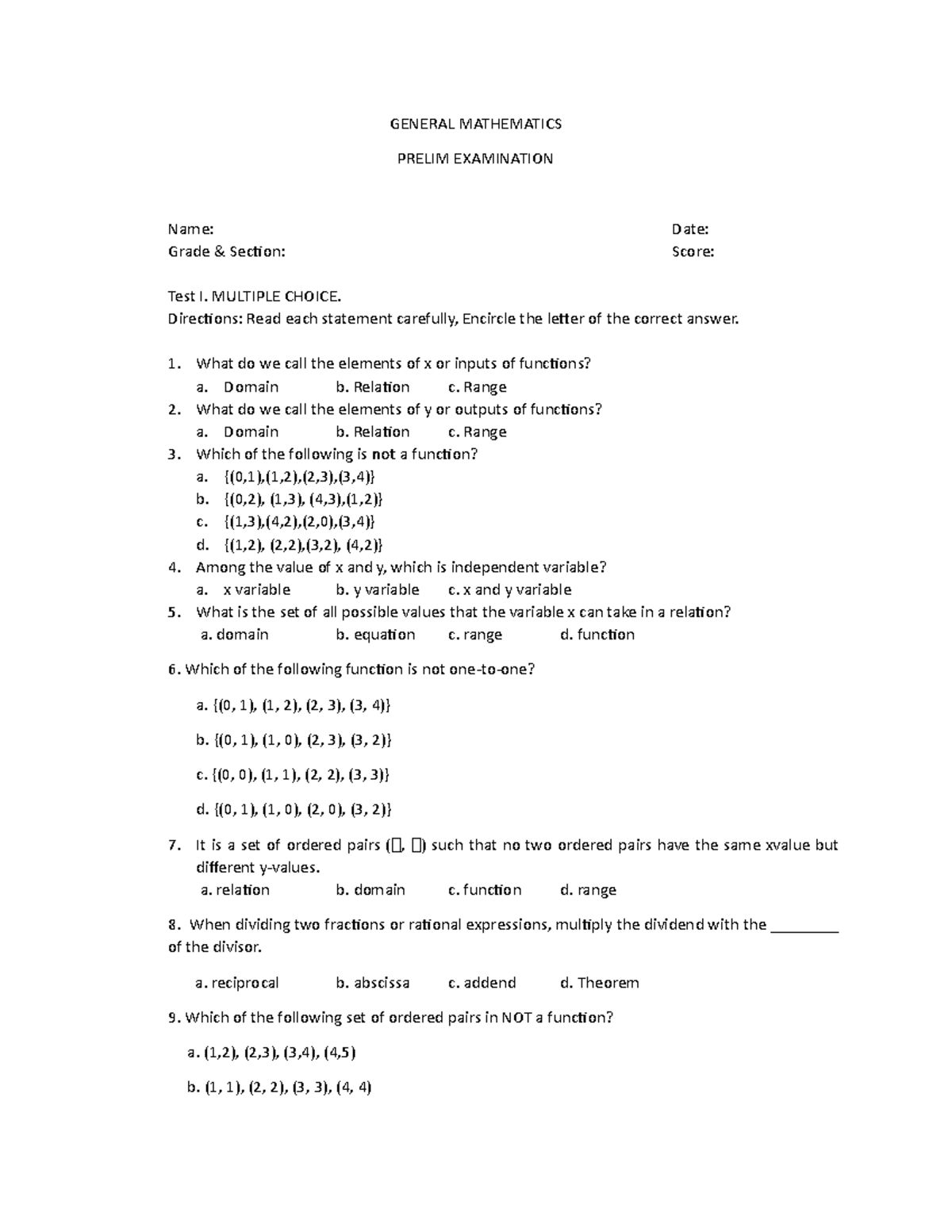 G11 General Mathematics - Prelim Exam Questions and Answers - Studocu