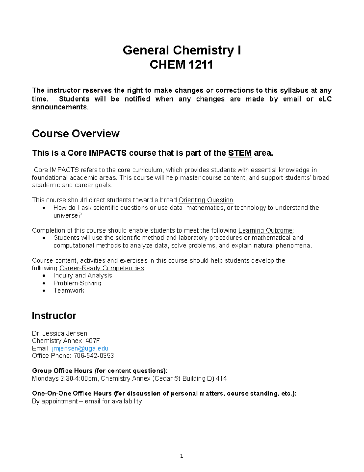CHEM 1211 Syllabus - General Chemistry I Spring 2025 by Dr. Jensen ...