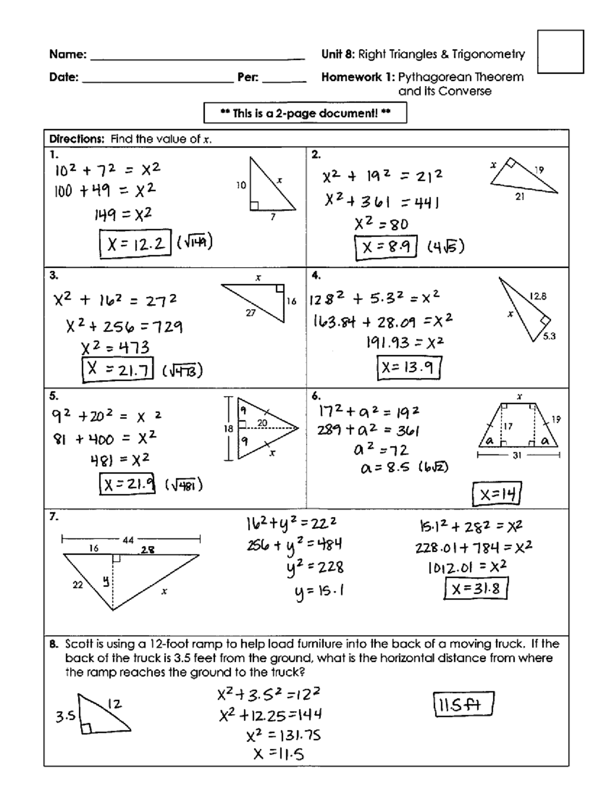 Unit 8: Right Triangles Trigonometry - Homework Key (1st Sem) - Studocu
