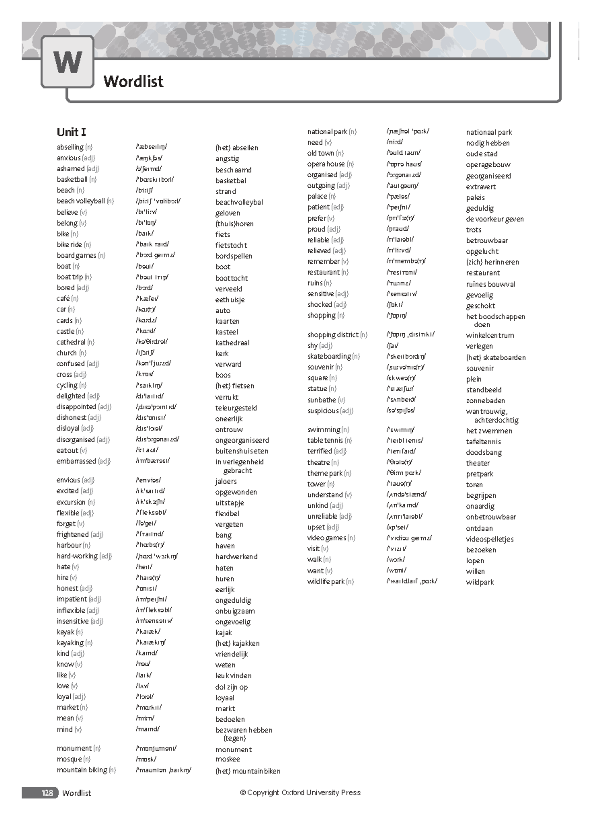 W Vocabulary List: Wordlist for Units 1-9 - Studeersnel