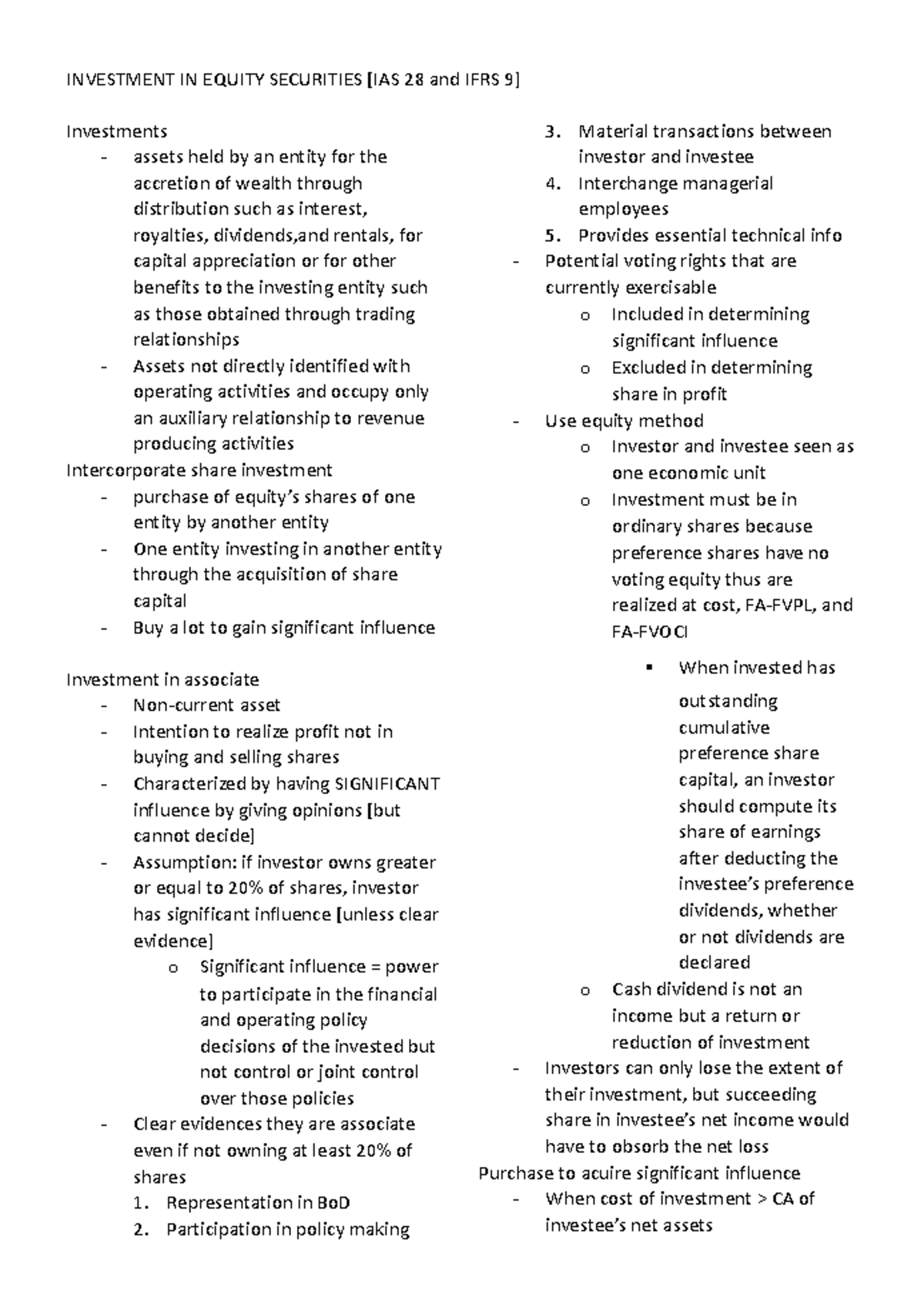 Investment in Equity Securities: Comprehensive Study Notes - Studocu