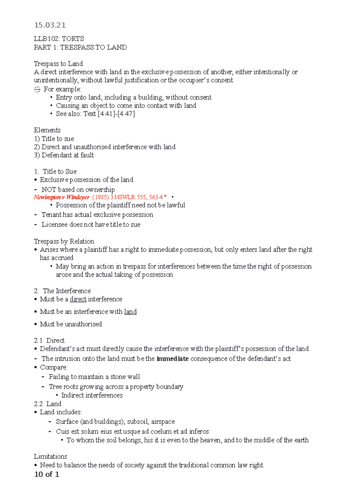 LLB102: Torts - Lecture Notes on Trespass to Land, Defences & Remedies ...