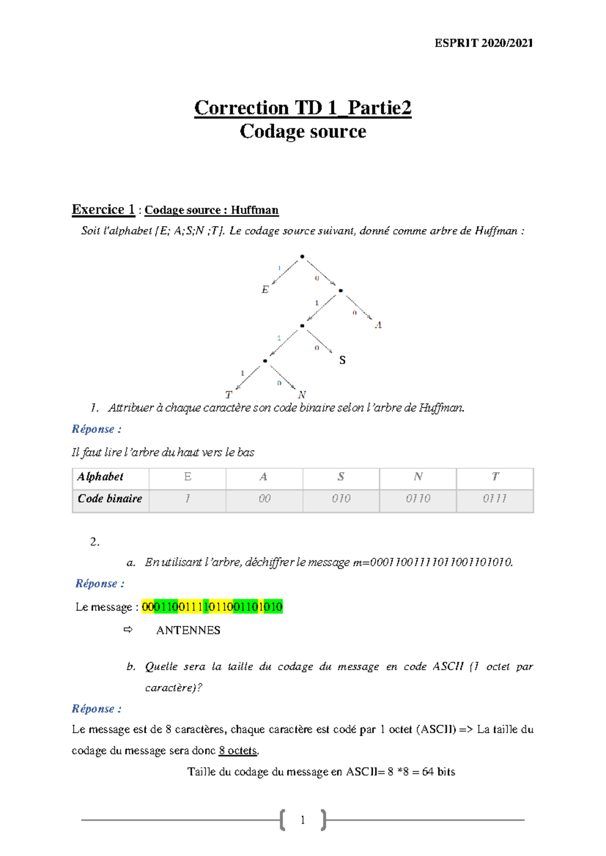 Correction TD1 Partie 2 : Codage source et Compression Huffman - Studocu