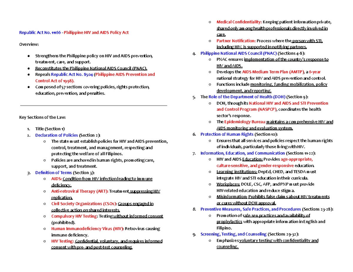 HIV Laws Overview: Understanding Republic Act No. 11166 - Module 8 ...