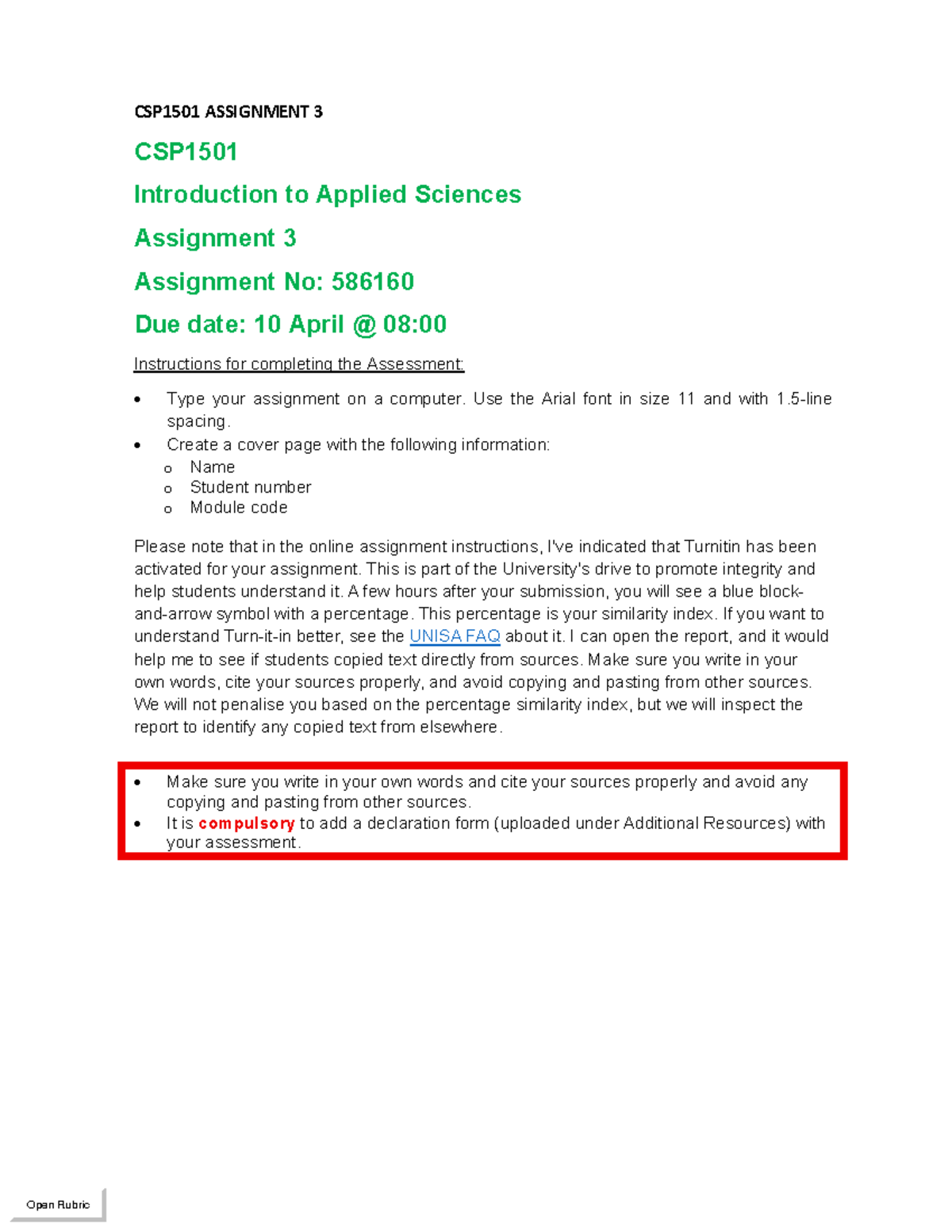 CSP1501 Assignment 3 - Introduction to Applied Sciences Notes - Studocu