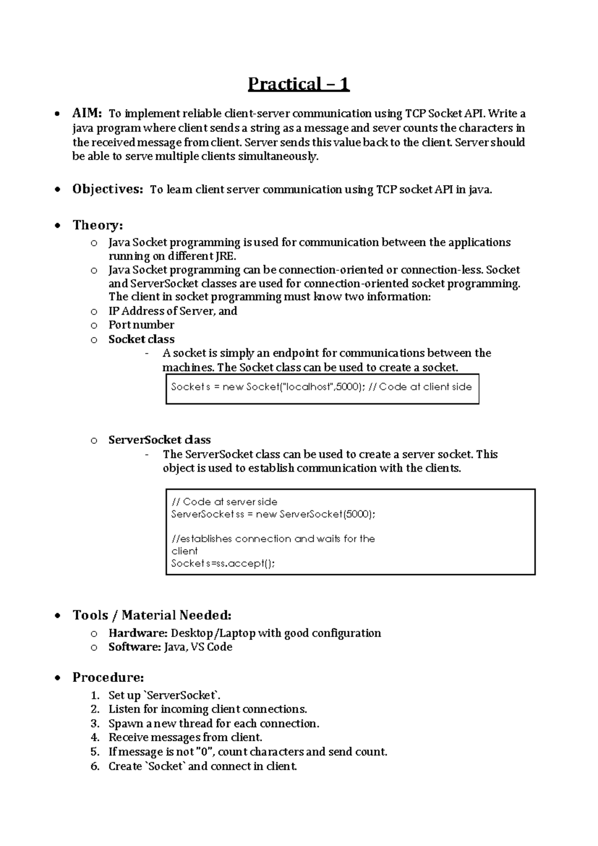 Adjavaprac 1 - Practical 1: TCP Socket Communication in Java - Studocu