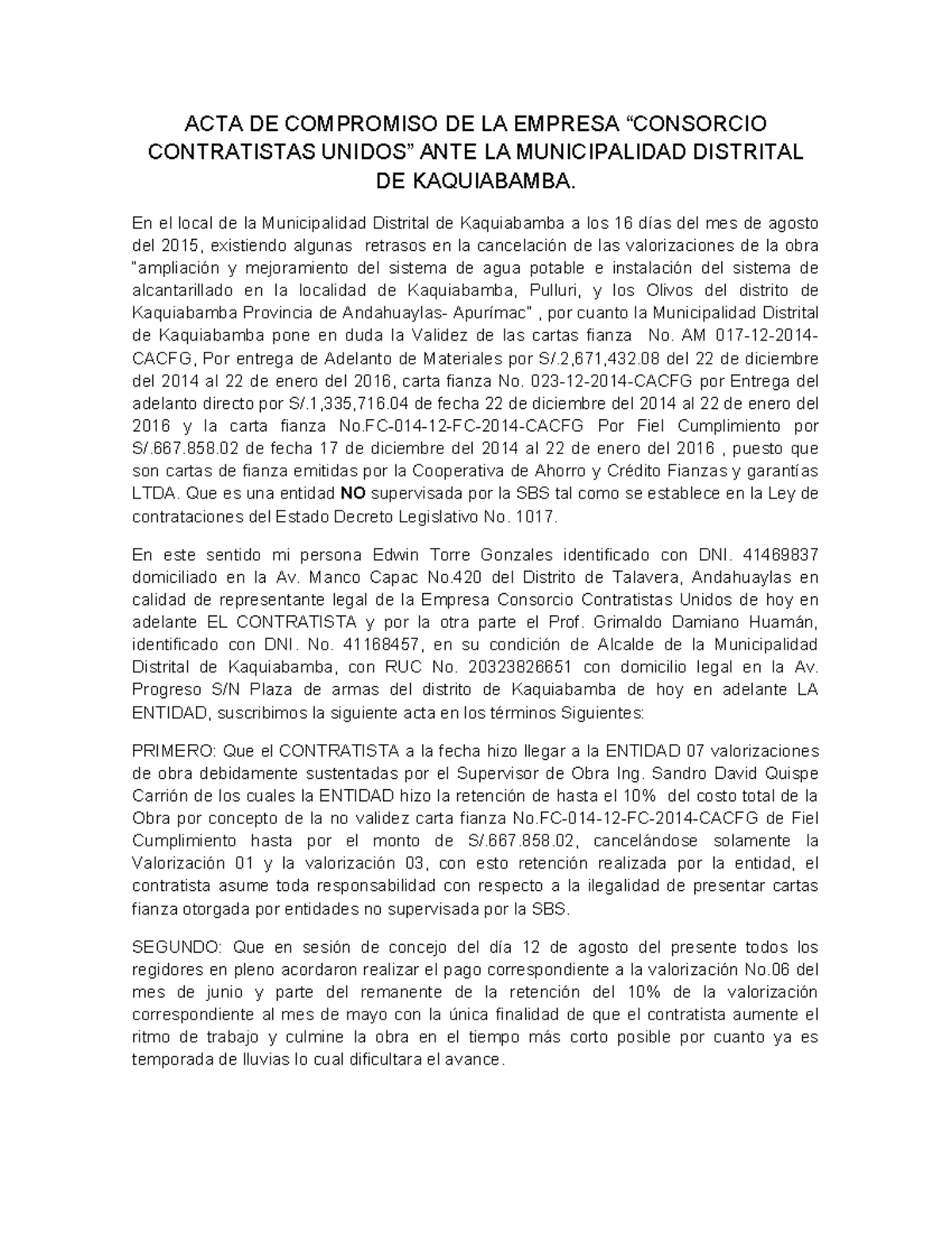ACTA DE COMPROMISO ENTRE EL CONTRATISTA Y LA MUNICIPALIDAD DE KAQUIABAMBA - Document Preview