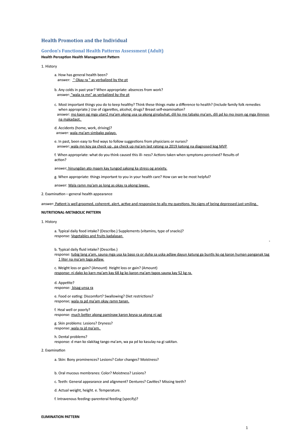 Gordons functional health patterns - 1 Health Promotion and the ...