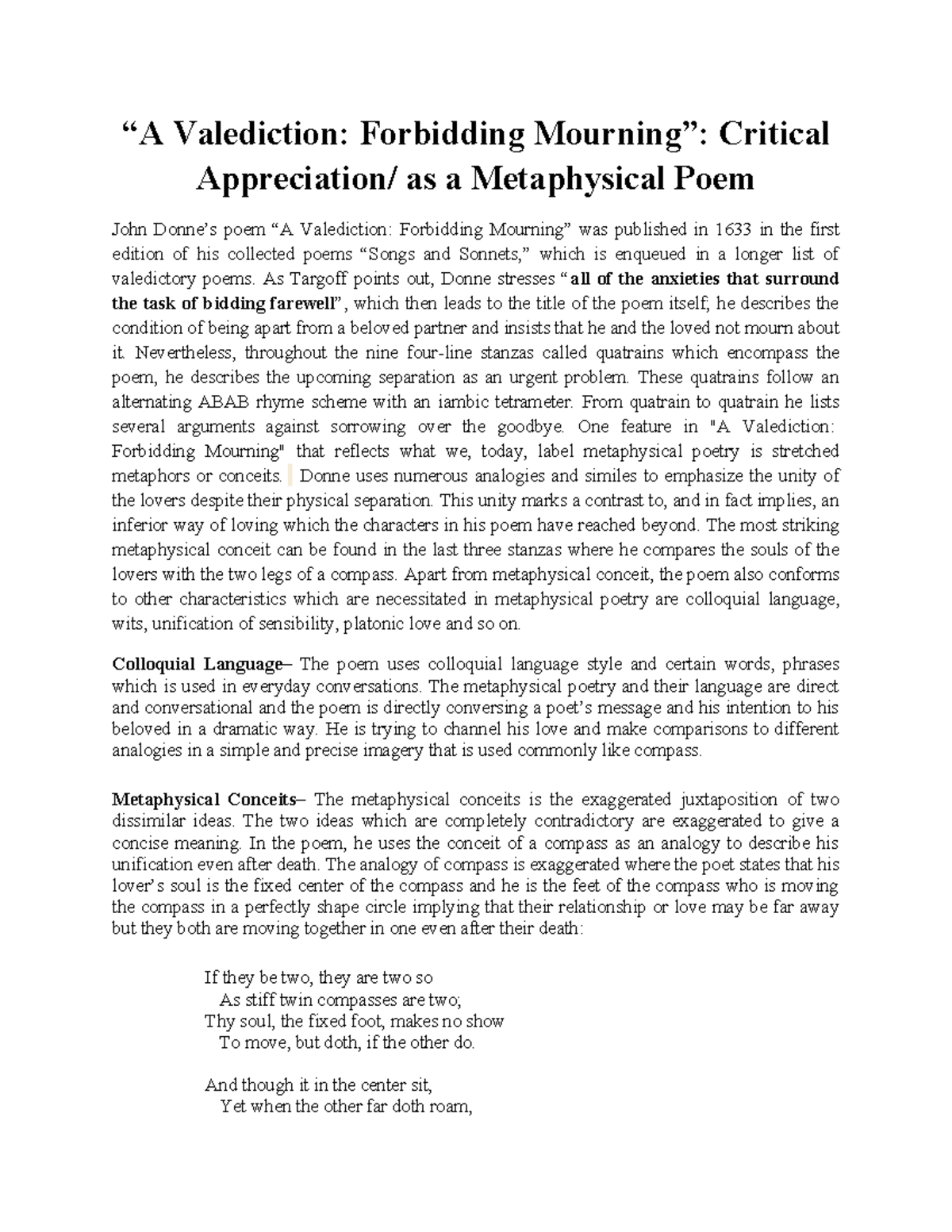 “A Valediction Forbidding Mourning” Critical Appreciation as a ...