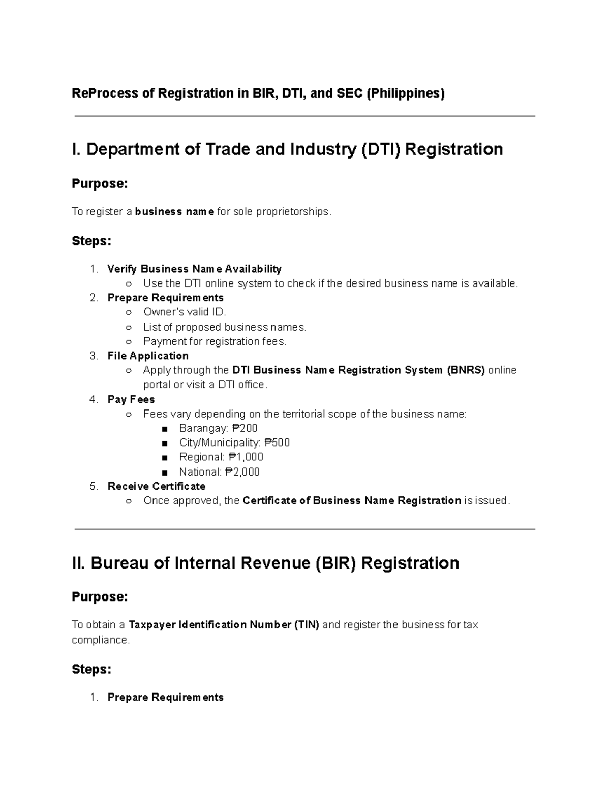 Process of Registration in BIR, DTI, and SEC (Philippines) - Department ...