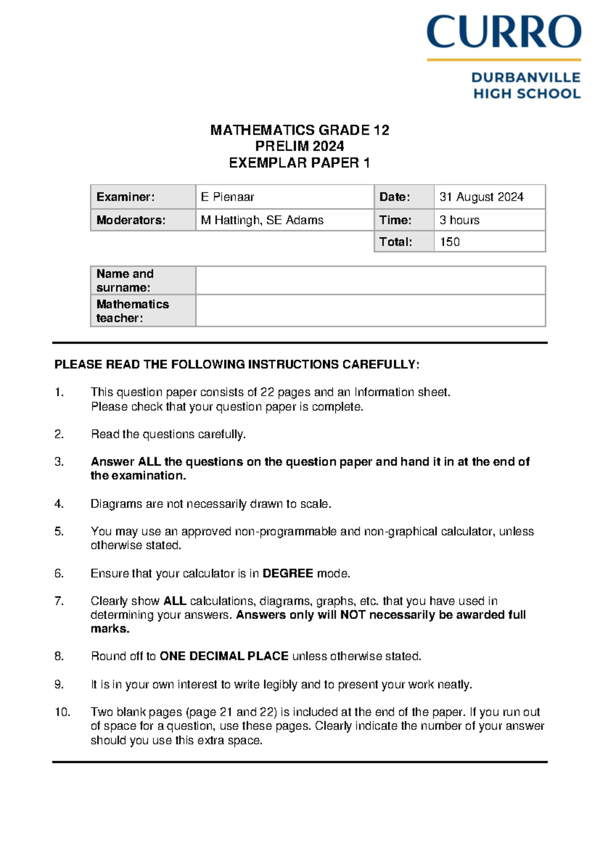 GR12 MATHEMATICS PRELIMINARY EXAM PAPER 1 EXEMPLAR 2024 - Studocu