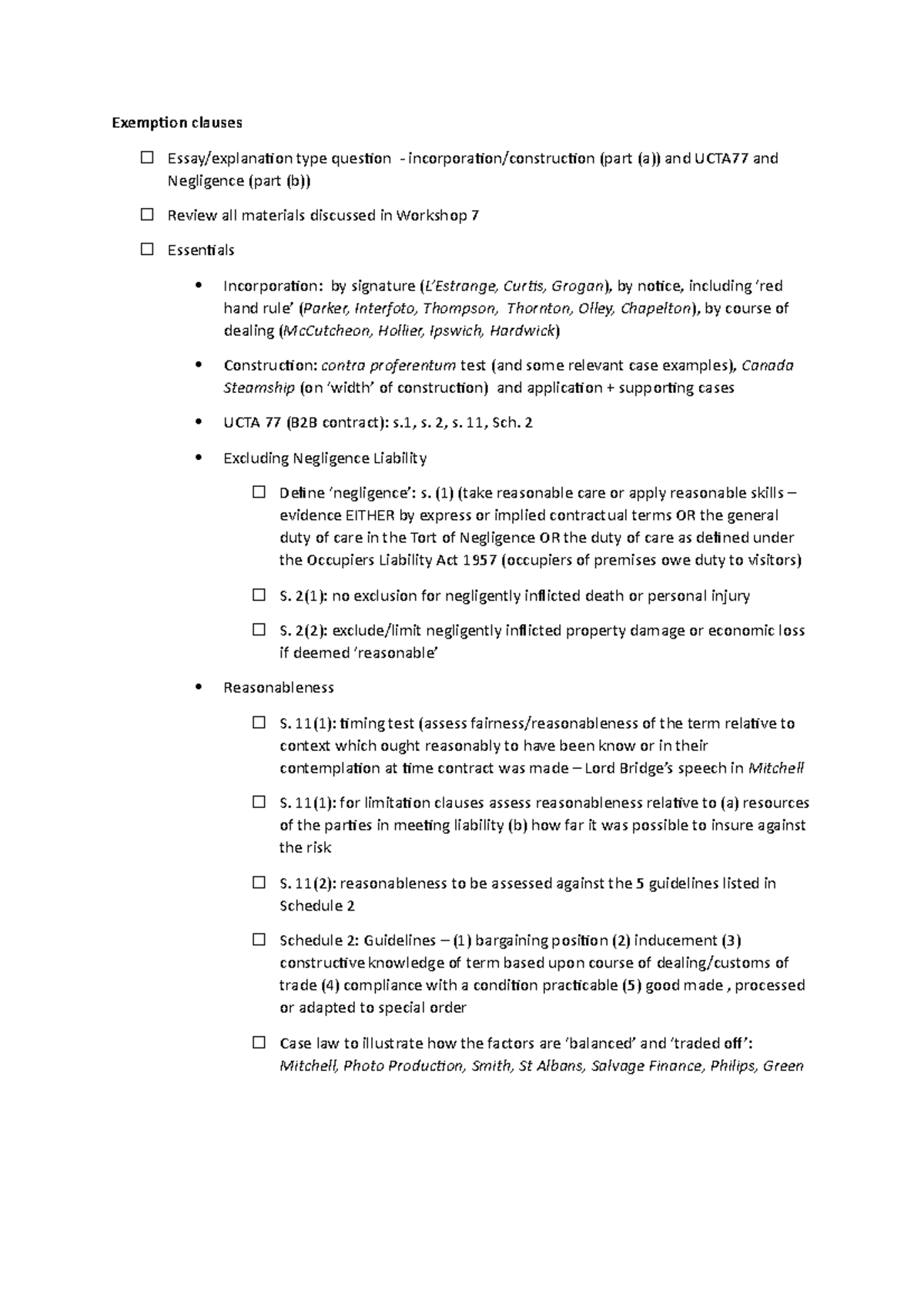 Exam Revision Notes for Exemption Clauses & Misrepresentation - Studocu