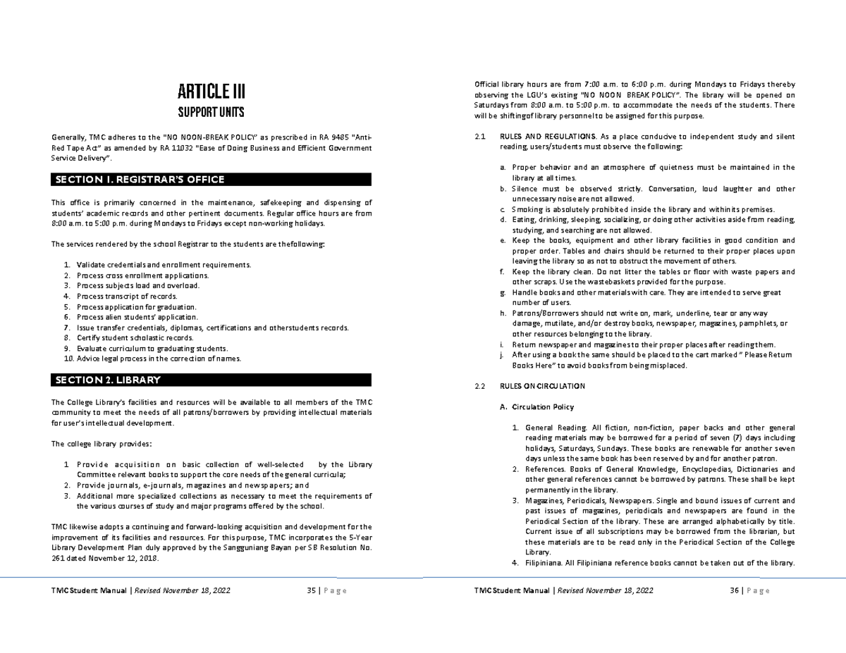 TMC Student Manual: Library Hours & Rules (Revised Nov 2022) - Studocu