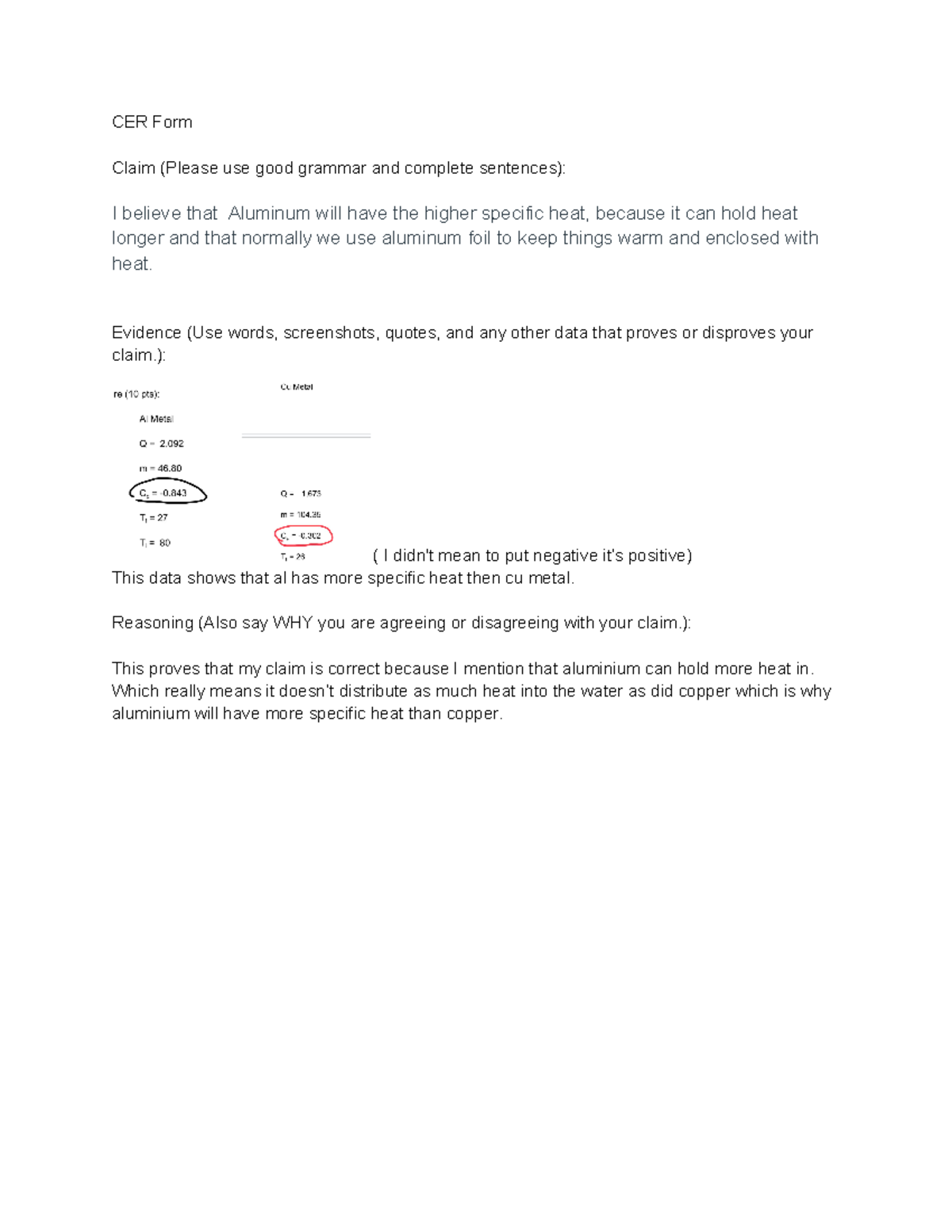 Copy of CER Document - lab - CER Form Claim (Please use good grammar ...