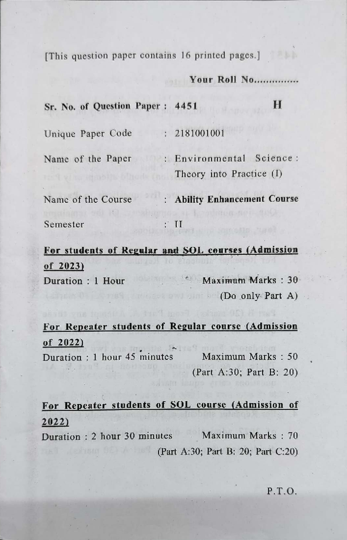 Environmental Science (EVS I) Semester II Question Paper - 2023 - Studocu