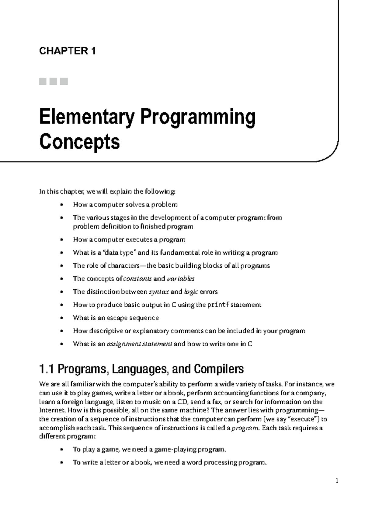 Chapter 1: Intro to Elementary Programming Concepts (C) - Studocu
