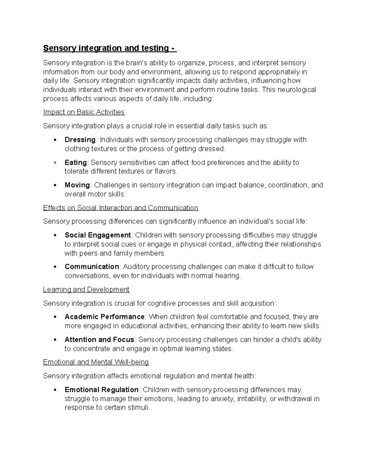 Sensory Integration and Challenges in Daily Activities: A Comprehensive ...